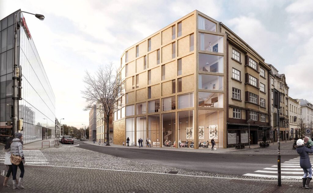 Bytový dům Kostelní-Biskupská, vizualizace zaznamenává pohled na jeho vnější část z ulice.