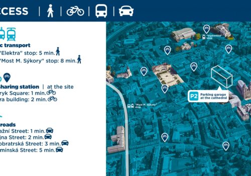 Access by public transport (tram, buses), car, bikesharing stations.